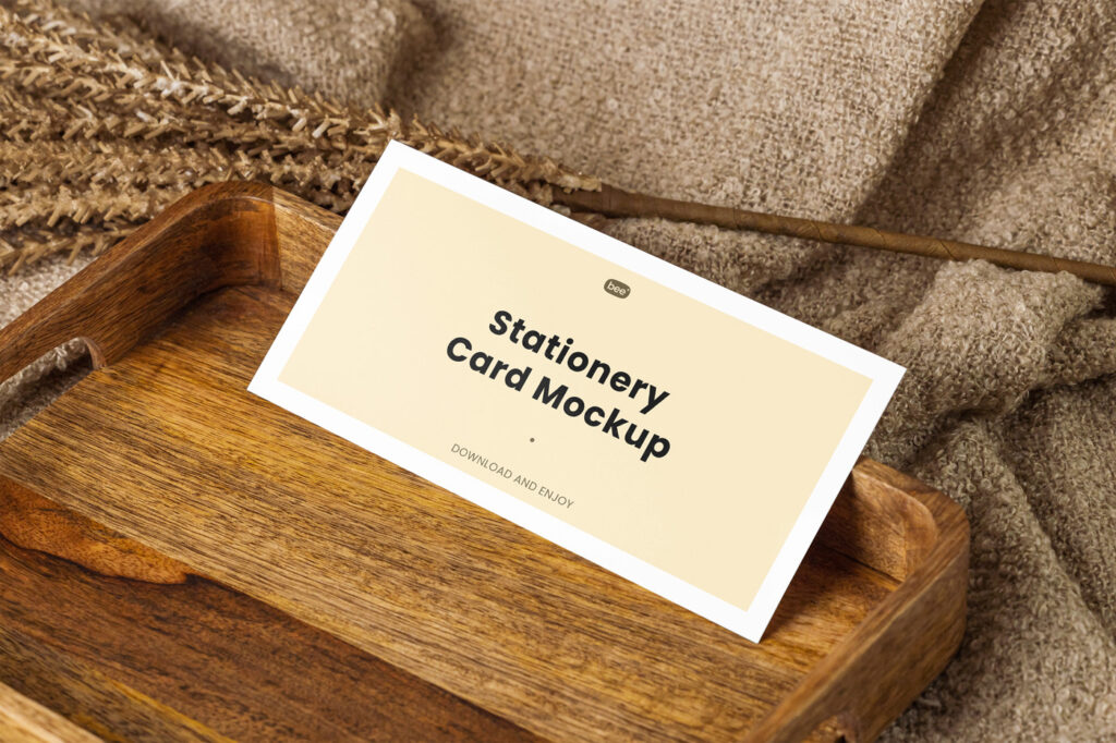 Free Oblong Card on Wooden Plate Mockup