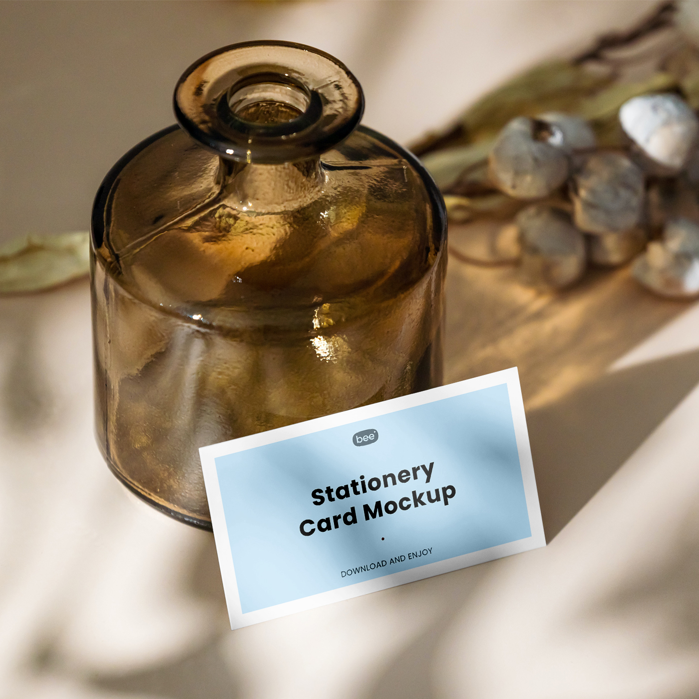Free Oblong Card with Glass Vase Mockup
