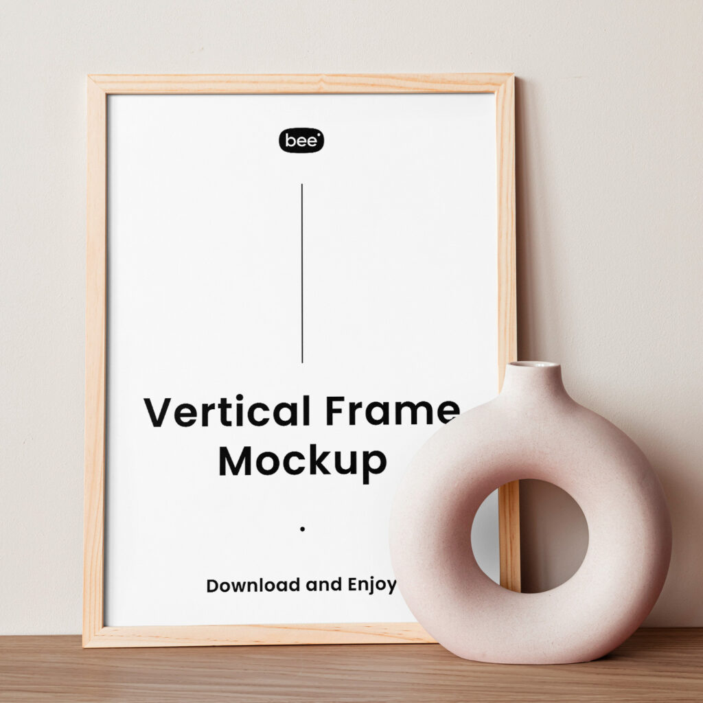 Free Wooden Frame with Vase Mockup