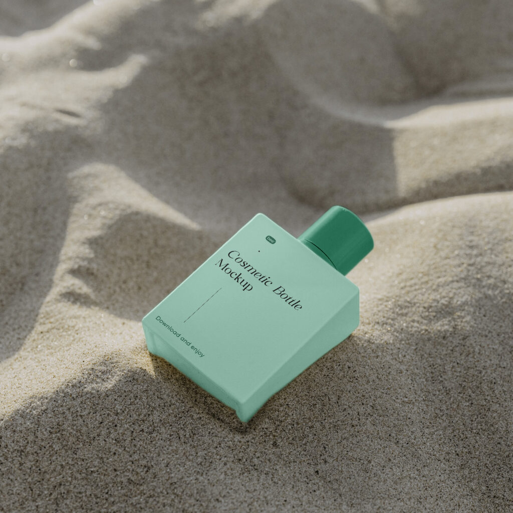 Free Square Bottle on Sand Mockup