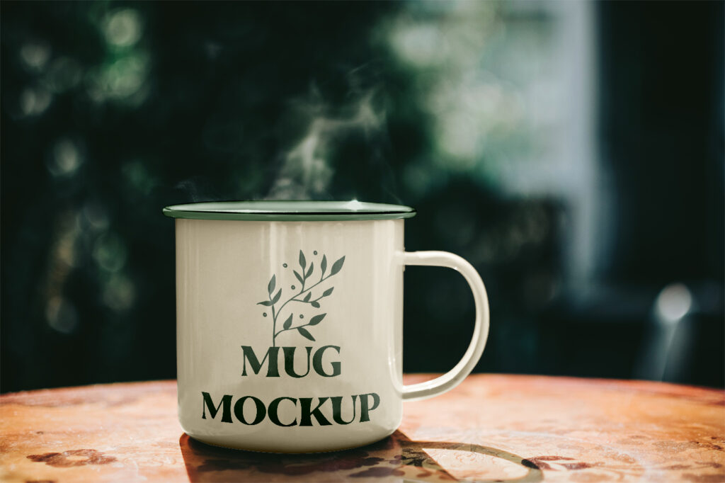 Free Metal Mug on Table Mockup