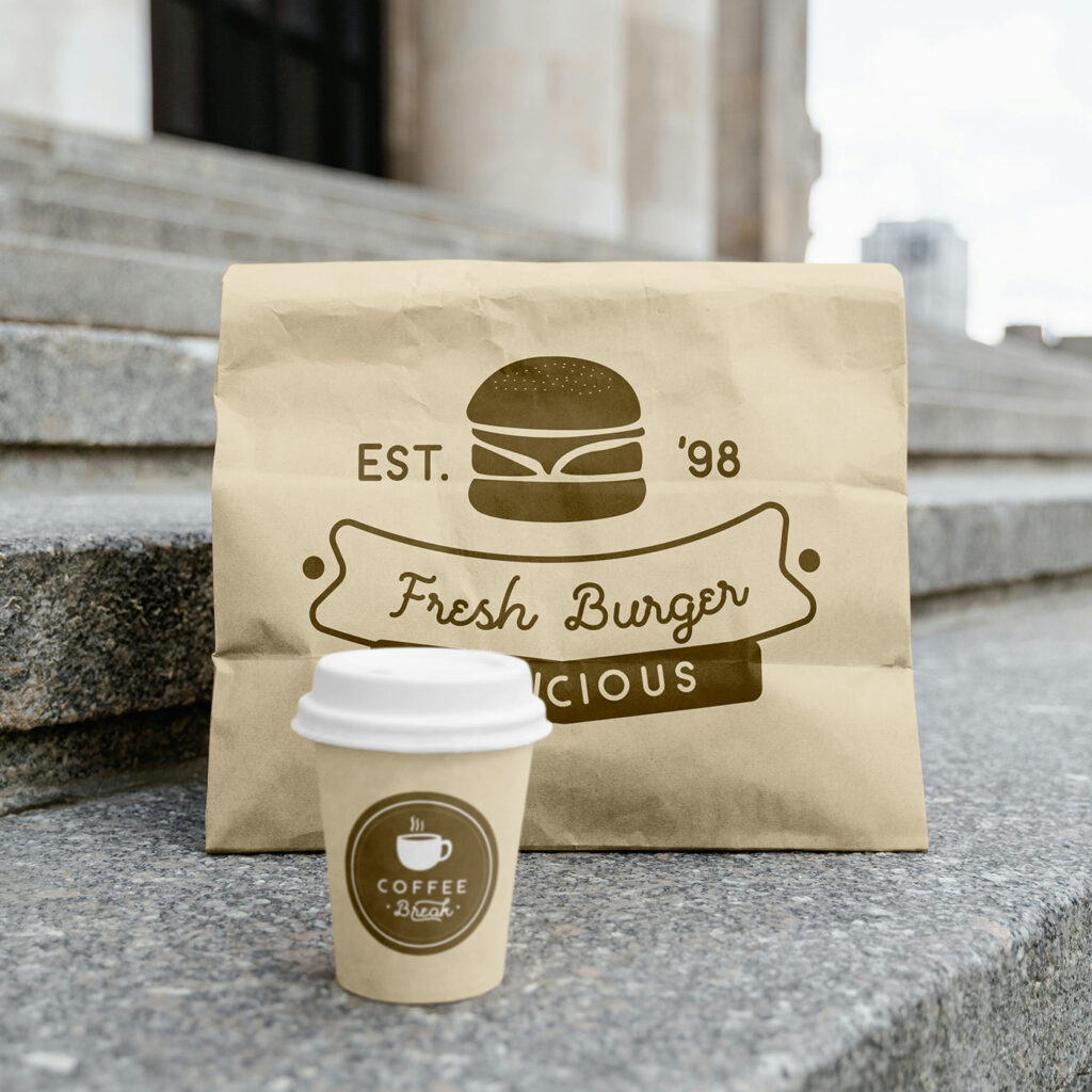 Free Food Bag with Paper Cup Mockup