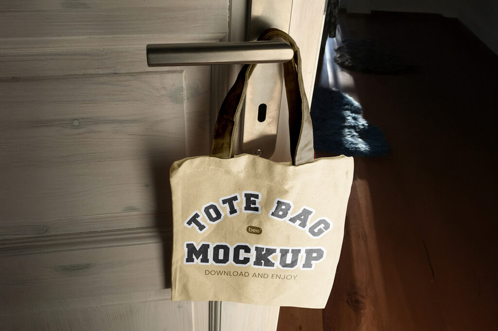 Free Tote Bag on Door Handle Mockup