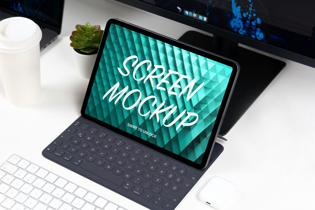 Free Tablet on Desk Mockup