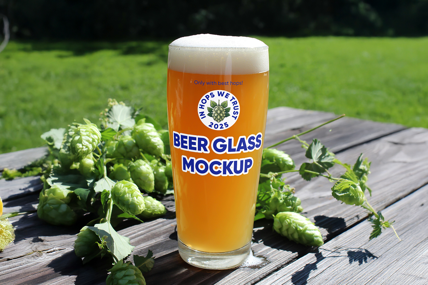 Free Beer Pint with Hops Mockup
