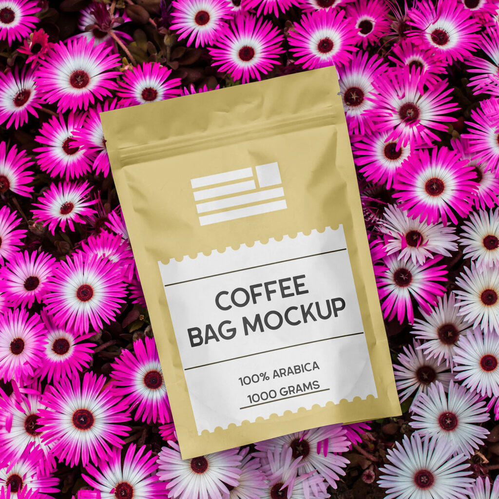Free Coffee Bag on Flowers Mockup