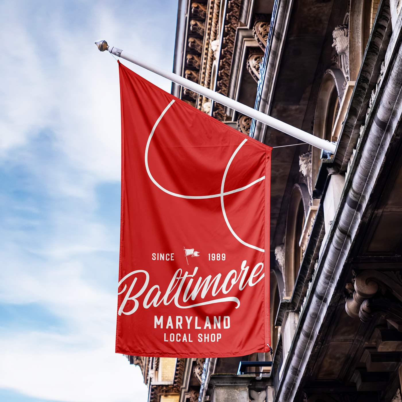 Free Flag on Old Building Mockup