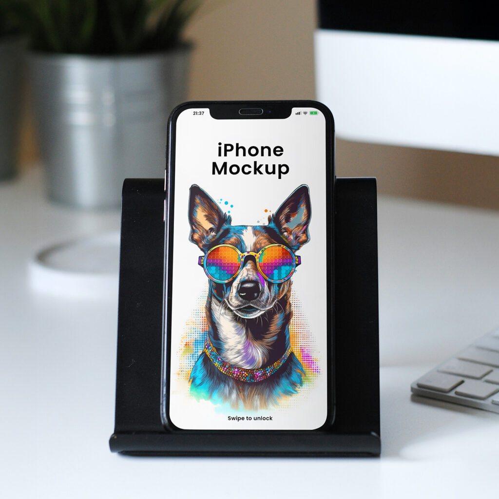 Free iPhone in Stand Mockup - mockupbee