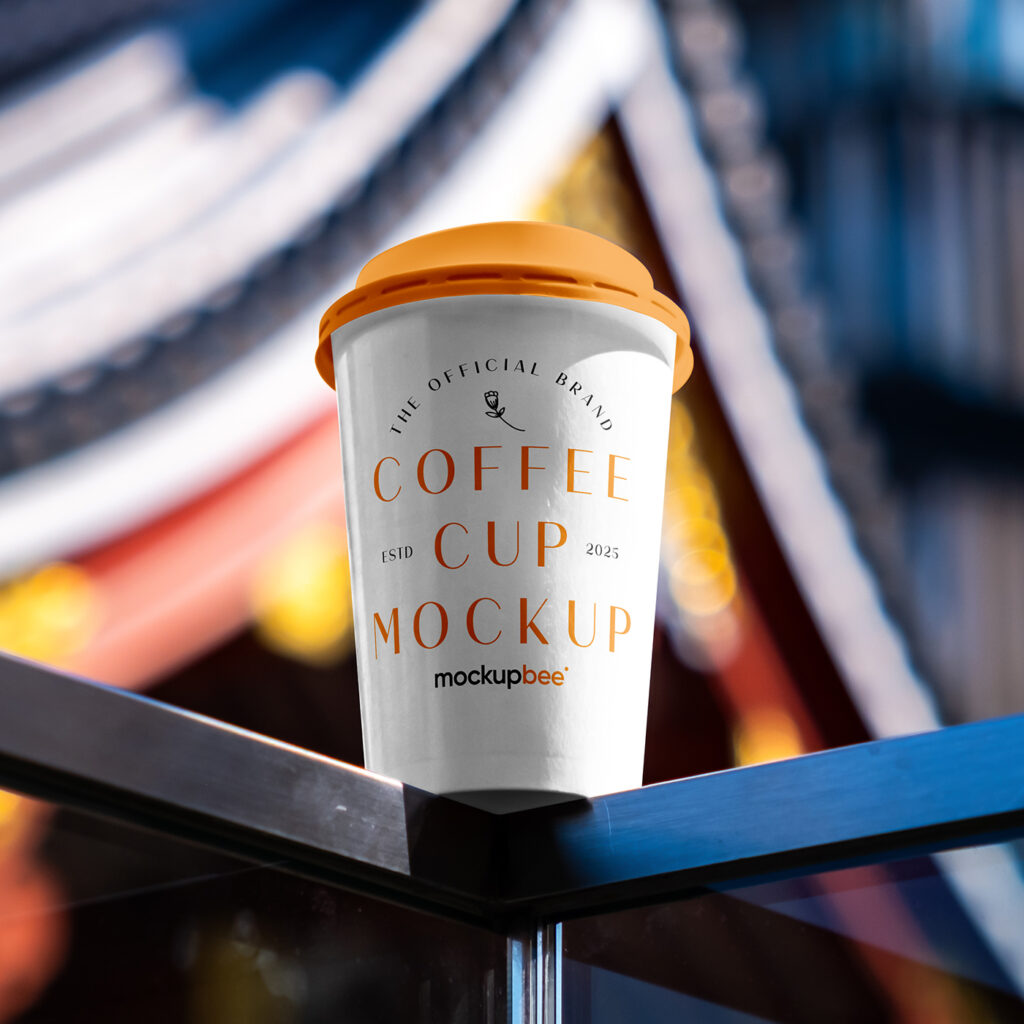Free Medium Paper Cup on Railing Mockup