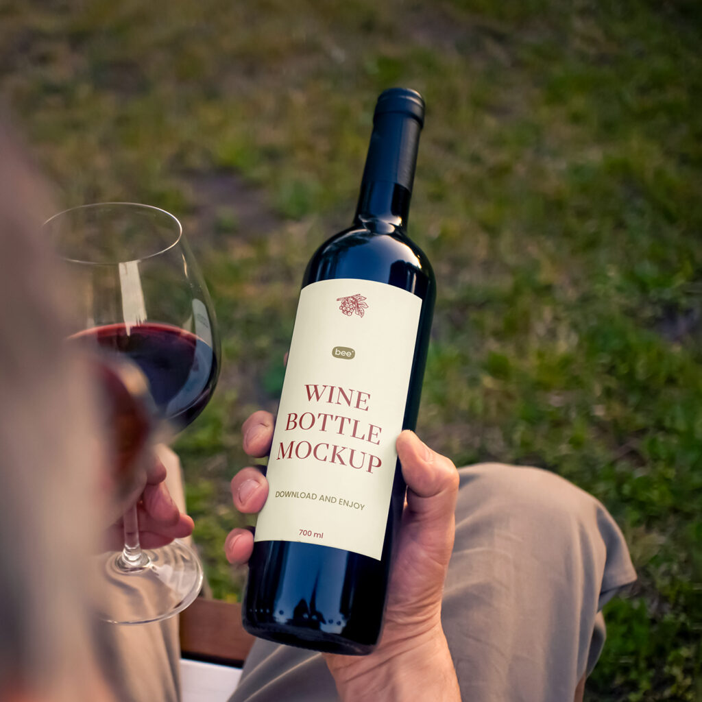 Free Wine Bottle in Hand Mockup