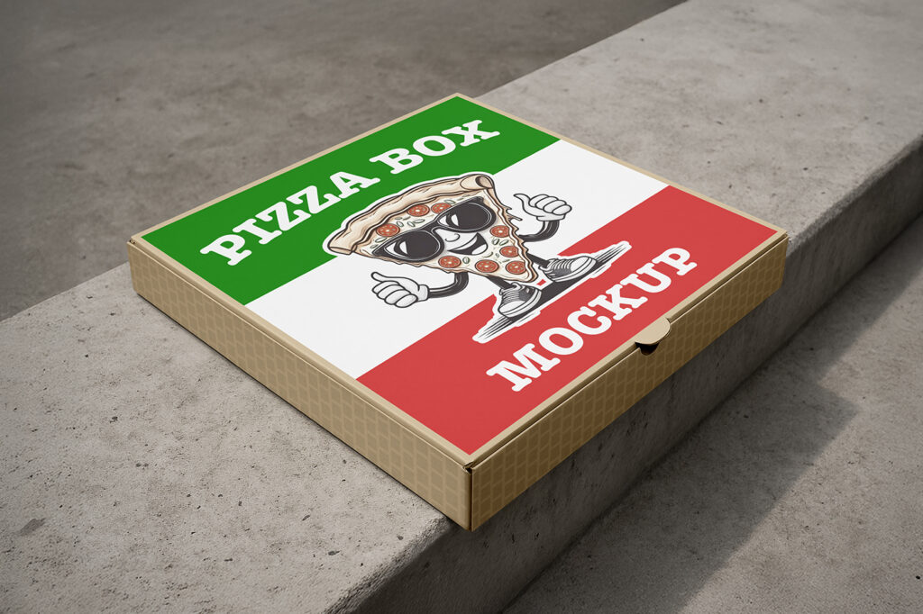 Free Pizza Box on Low Wall Mockup