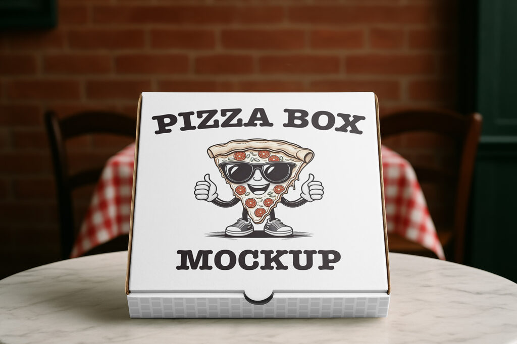 Free Pizza Box on Table Mockup
