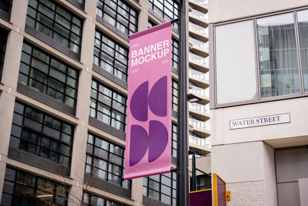 Free Perspective Flag on Street Mockup