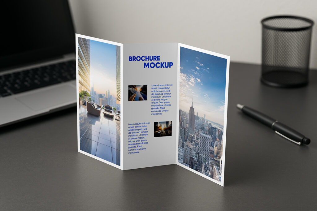 Free Trifold Standing Brochure Mockup