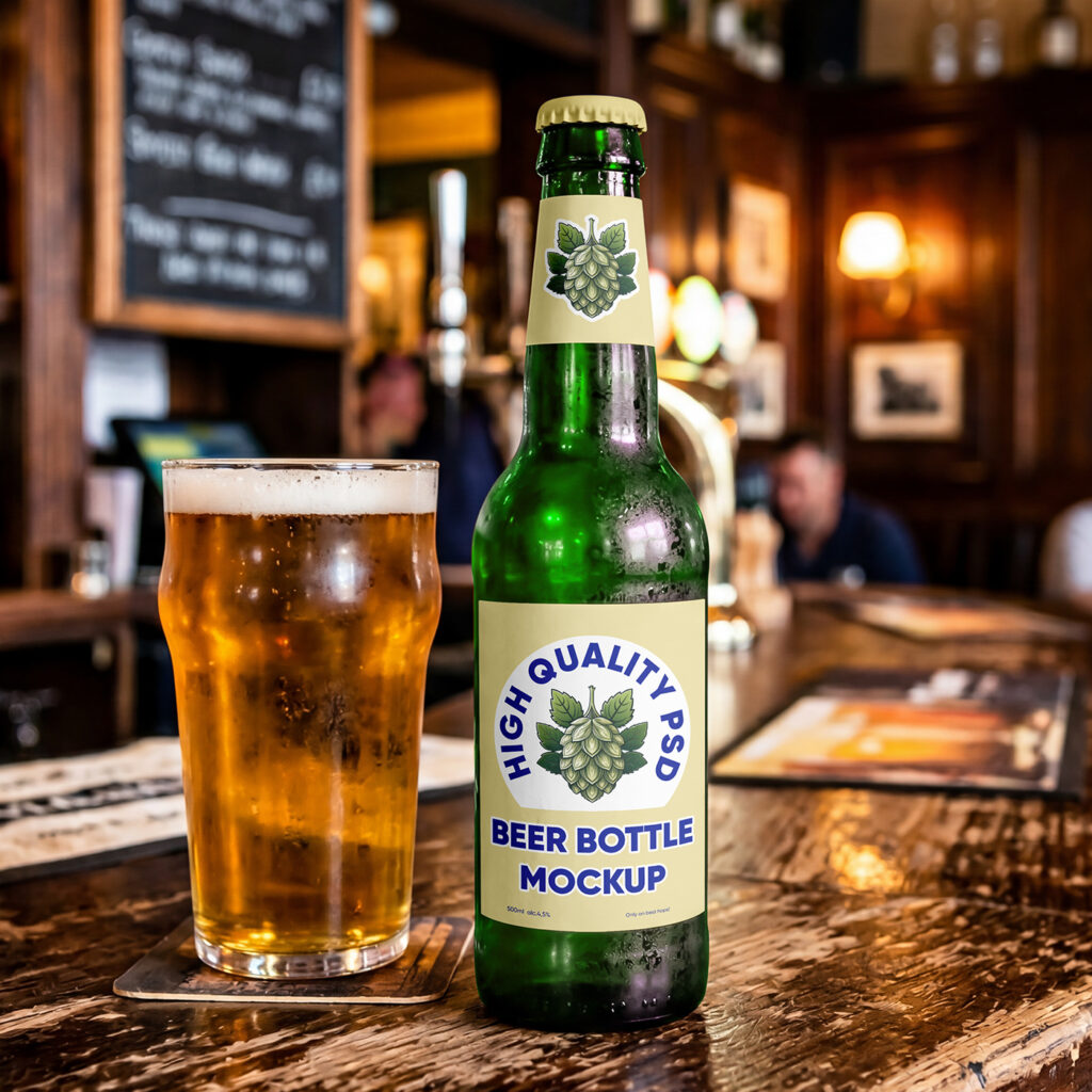 Free Beer Bottle in Pub Mockup