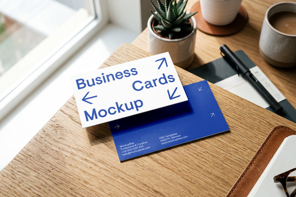 Free Business Cards on Desk Mockup