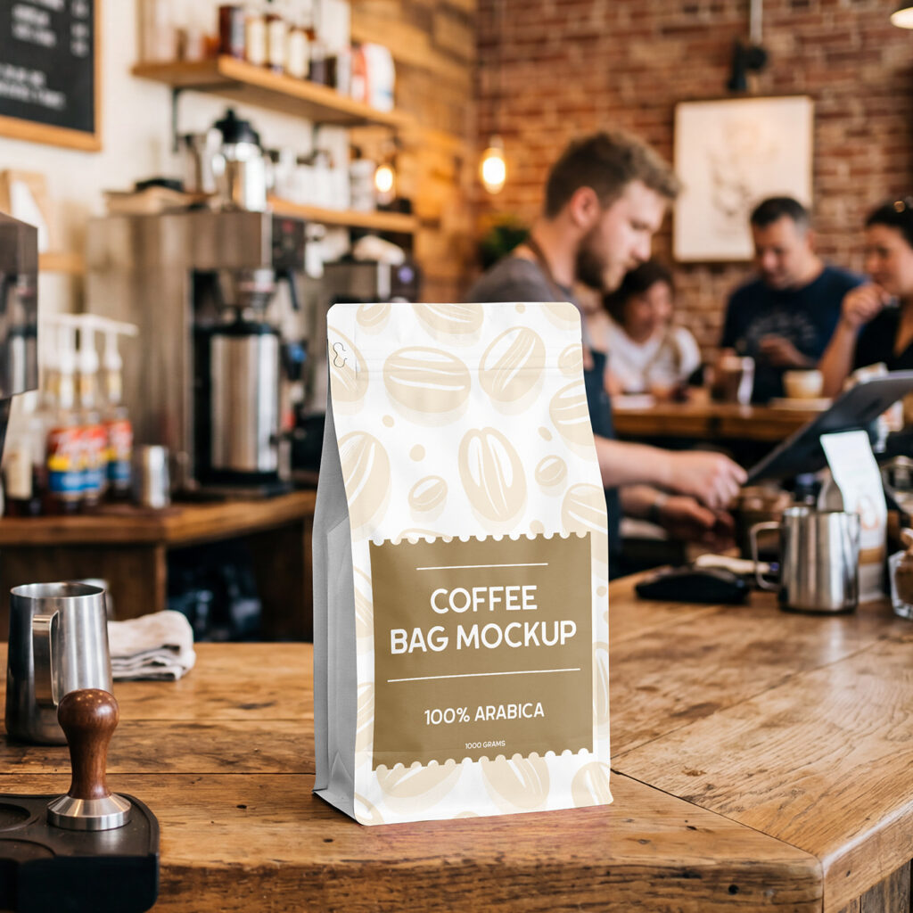 Free Coffee Bag in Cafe Mockup