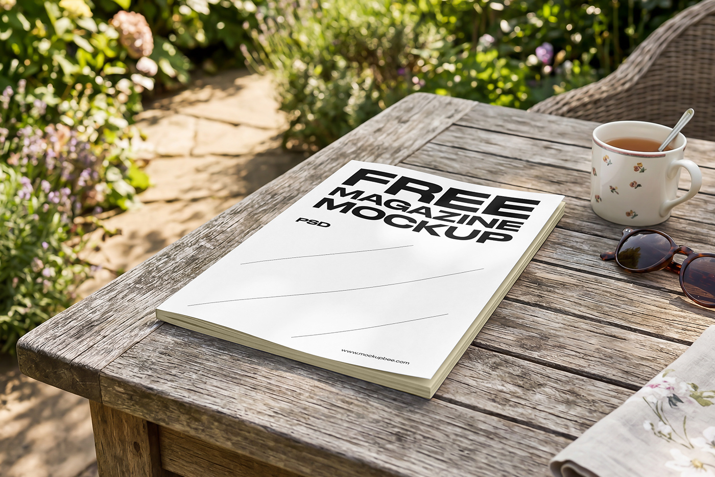 Free Magazine on Garden Table Mockup - mockupbee