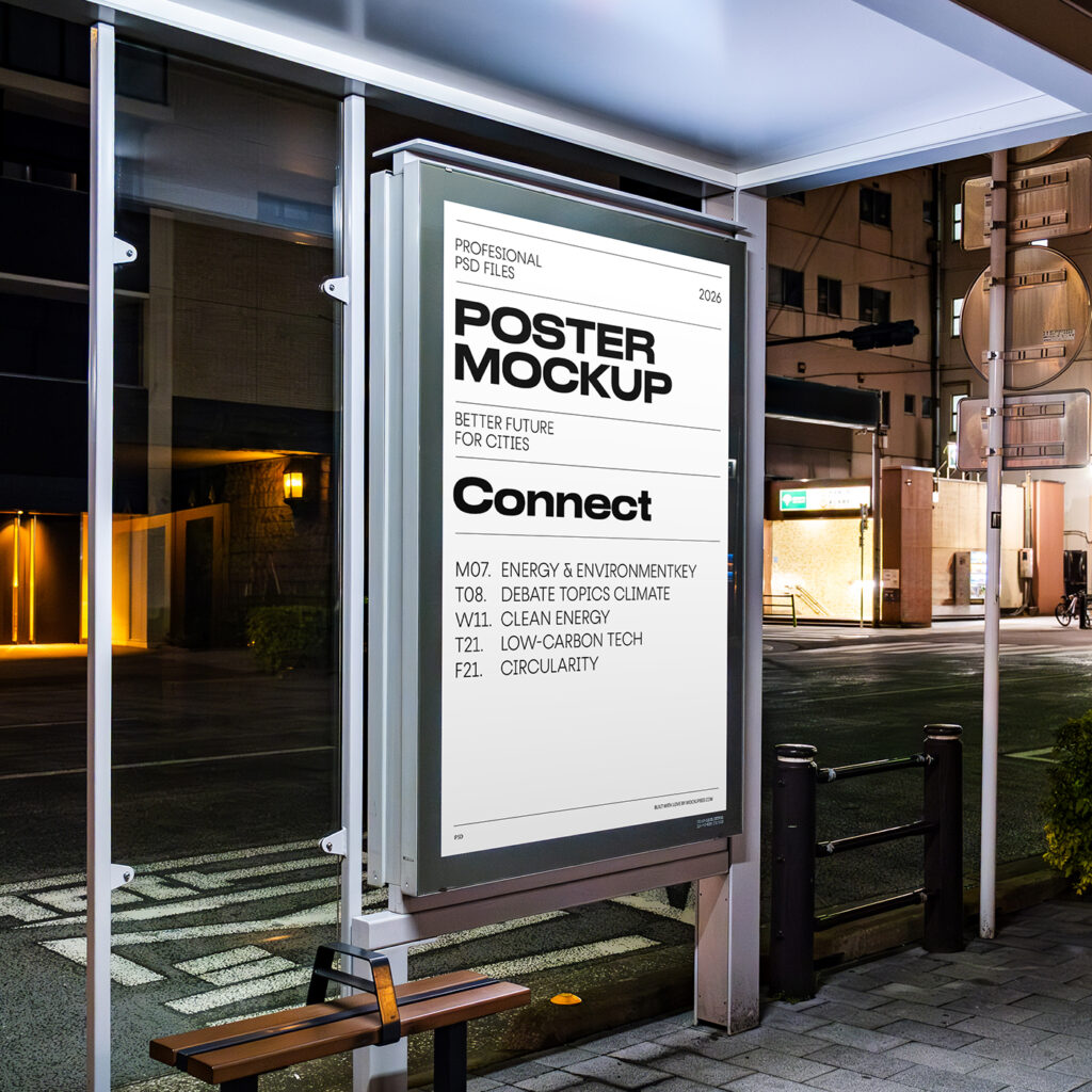 Free Bus Stop Poster at Night Mockup