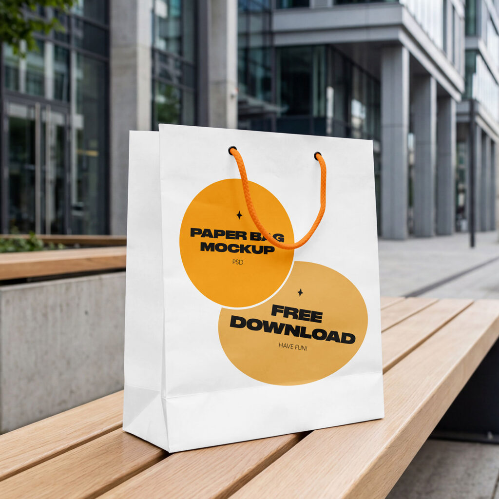 Free Paper Bag on Bench Mockup
