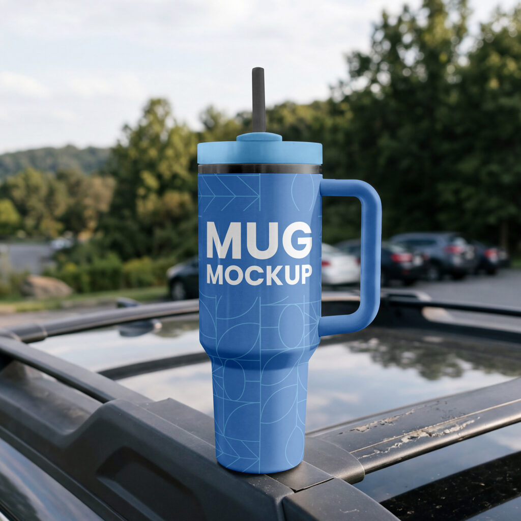 Free Reusable Cup on Car Mockup