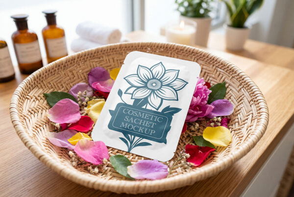 Free Cosmetic Sachet in Basket Mockup