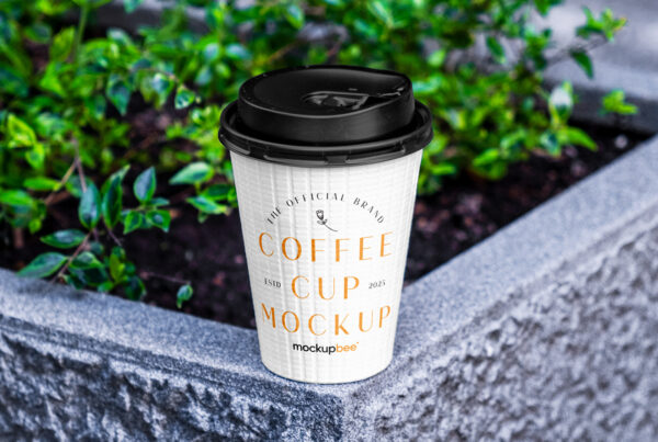 Free Paper Cup on Concrete Flowerpot Mockup