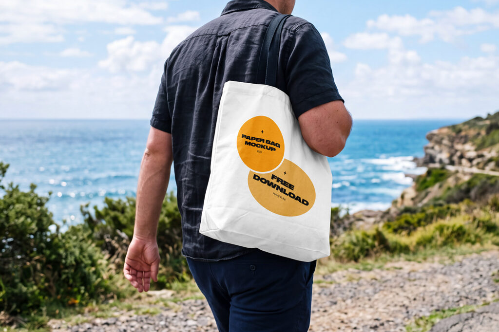 Free Tote Bag on Men Mockup